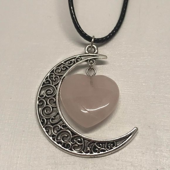 Crescent Moon Rose Quartz Heart Stone Pendant Blac - Picture 6 of 8